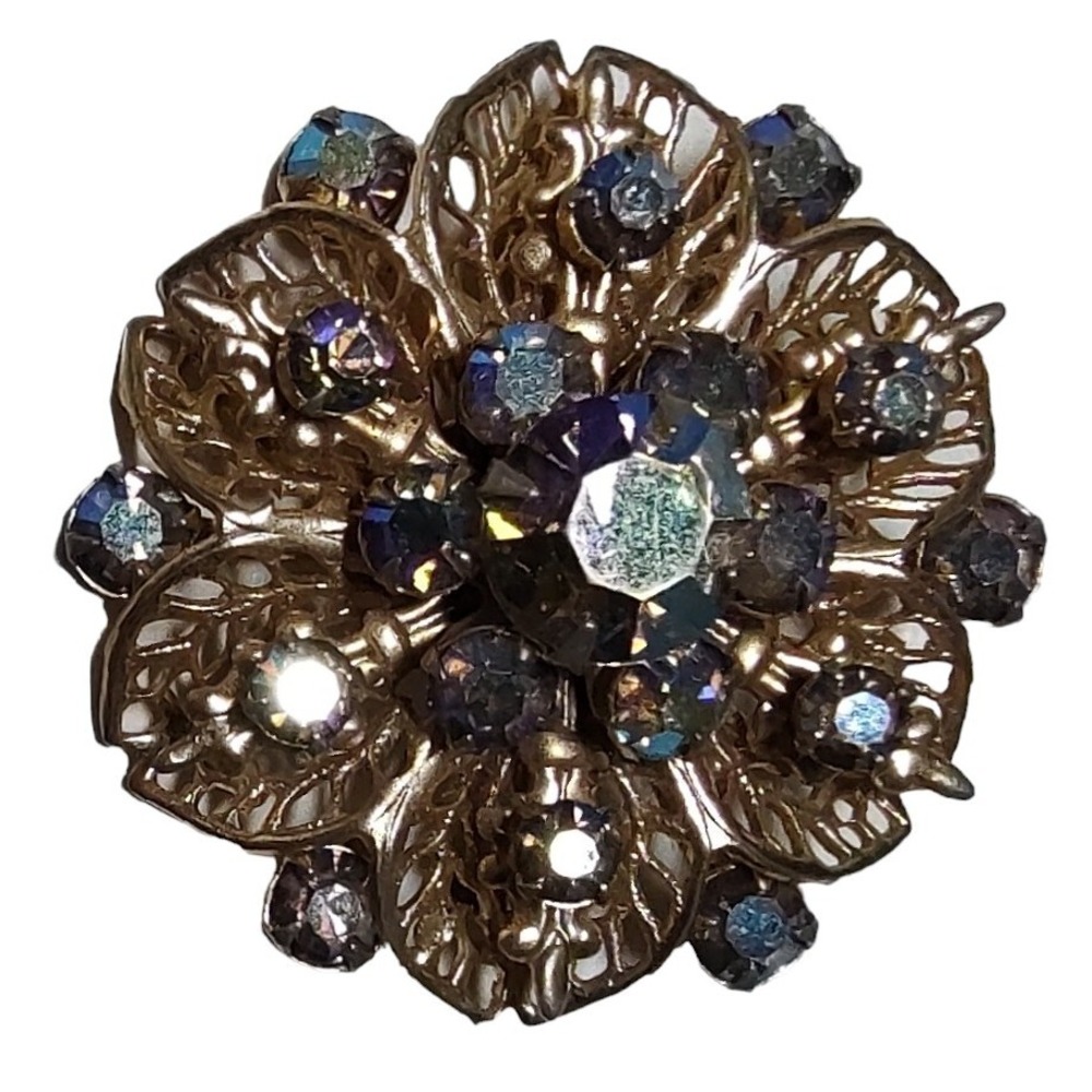 Vintage Brooch Pin Blue Purple Aurora Borealis Goldtone Fillagree Pronged 1.5 in